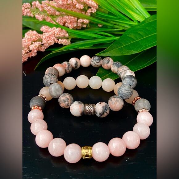 ALL THINGS BEAUTIFUL: Pink Zebra Jasper and Pink Jade Bead Bracelet Set (NEW) - Picture 1 of 7